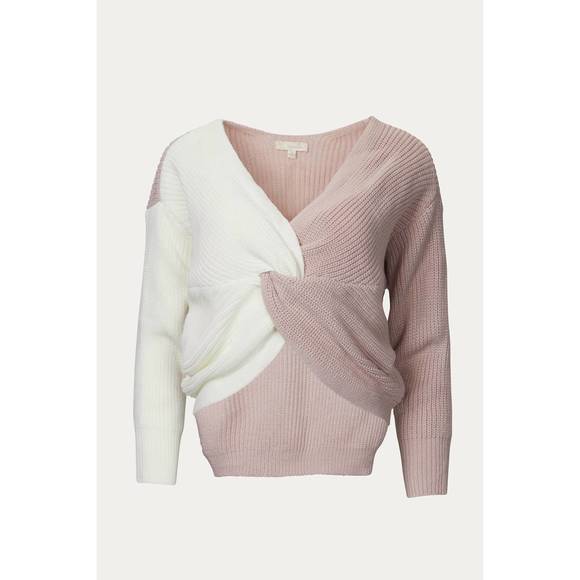NEW ENDLESS BLU. colorblocked cropped twisted ribbed-knit sweater in ivory/mauve - Picture 1 of 3